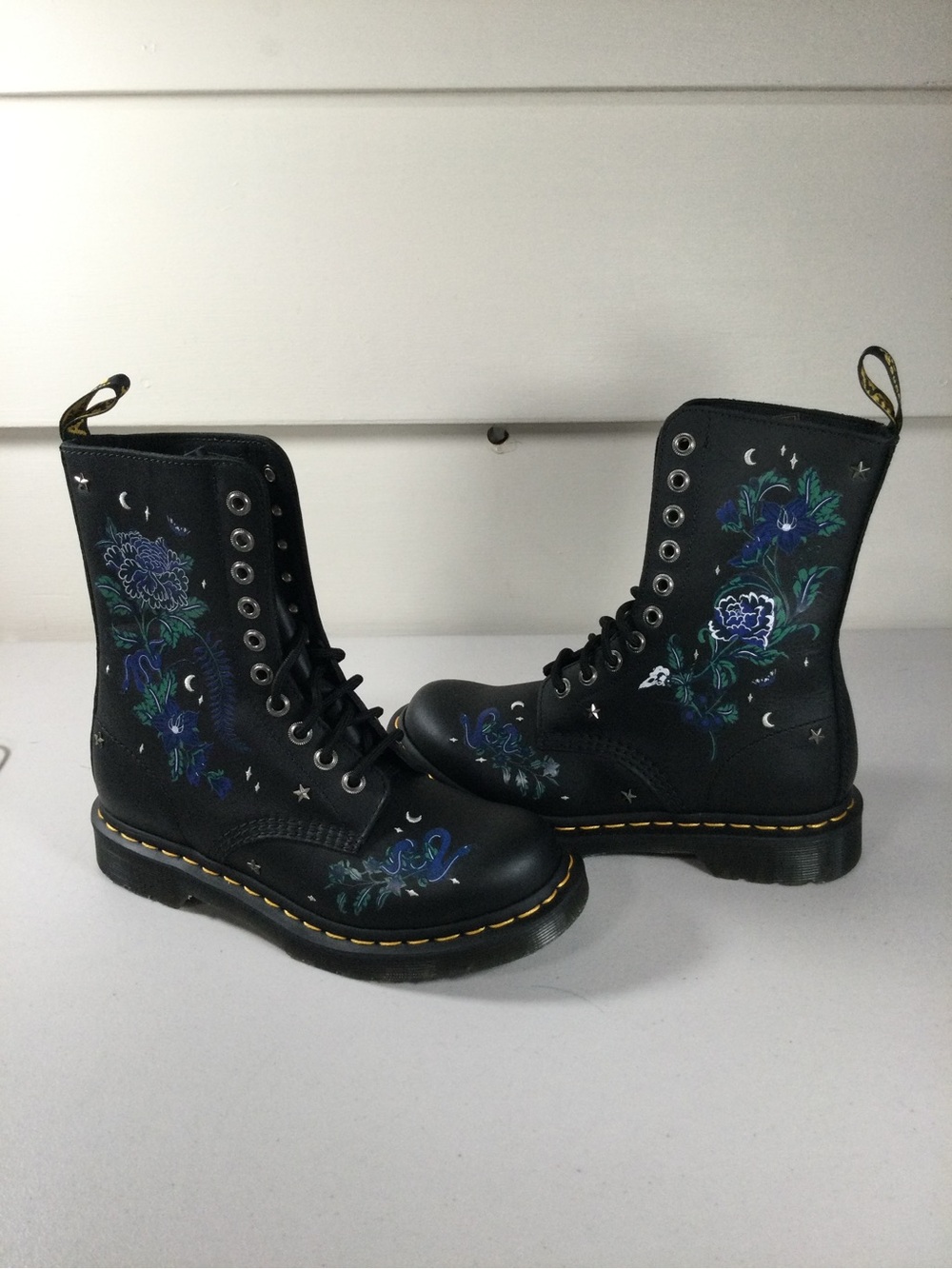 Dr. Martens Black Floral Lace-Up Boot with Yellow Welt Stitching - Picture 5 of 8